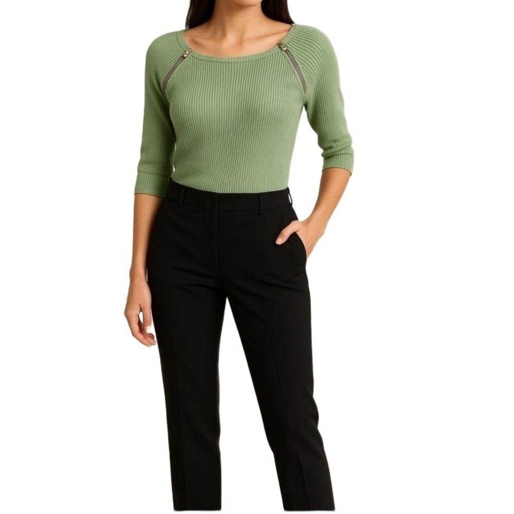 New York & Company Sweater Womans Medium Green Ribbed Shoulder Zips Light